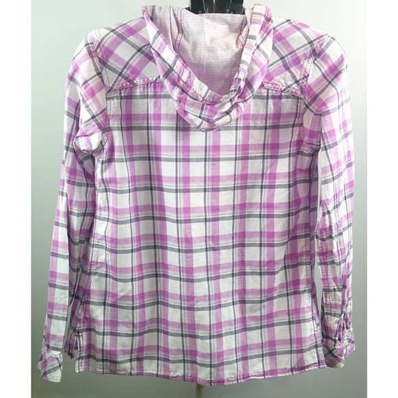 Columbia Hooded Button-down Navy Purple Plaid shirt jacket Women's Small - Picture 2 of 6